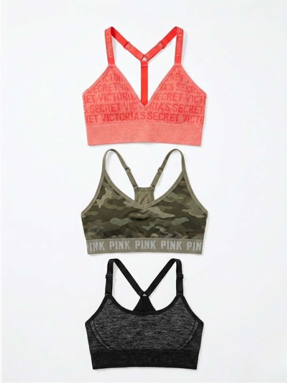 PINK Victoria's‎ Secret and All in Motion Sports Bras - Coral, Green Camo, Gray